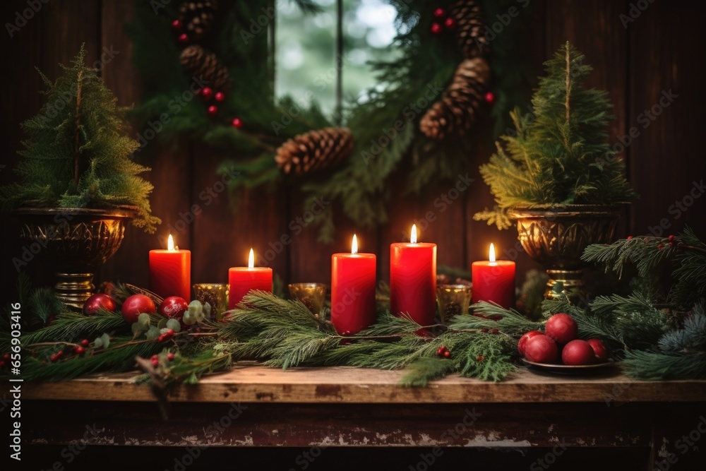 glowing candles surrounded by pine branches glowing candles surrounded by pine branches