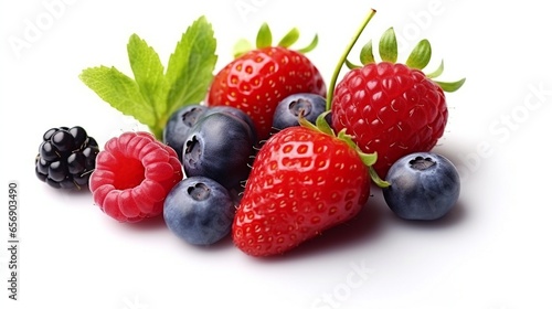 A colorful array of fresh berries on a white background.