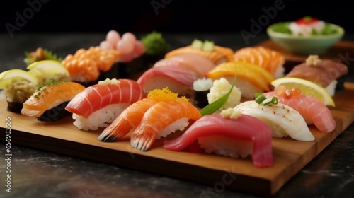 A colorful array of fresh, sushi sashimi.