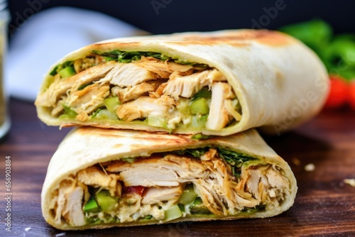 shawarma sandwich cut in half, showcasing fillings