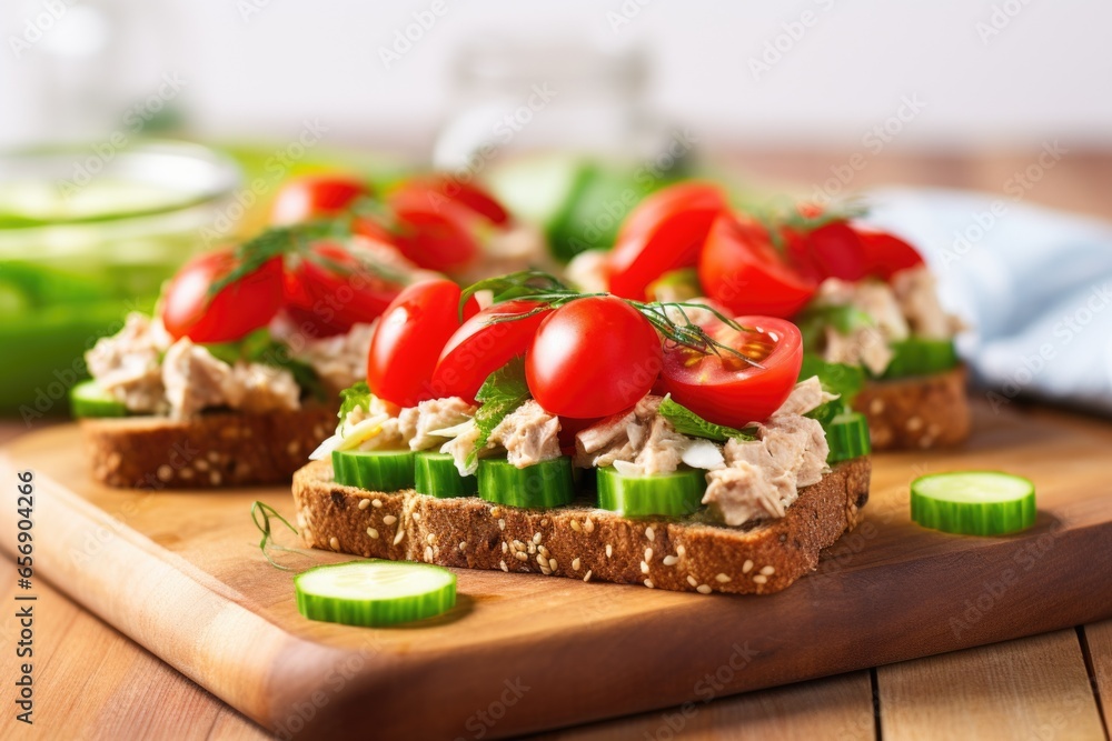 open-faced tuna salad sandwich with sliced tomatoes and cucumbers open-faced tuna salad sandwich with sliced tomatoes and cucumbers