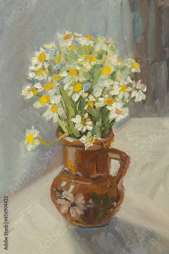 Wallpaper Mural Chamomile vase oil painting. A beautiful bouquet of spring flowers. Vertical composition. Authentic author's oil painting. Contemporary art, a sketch from nature. Layout for postcard design, printing Torontodigital.ca