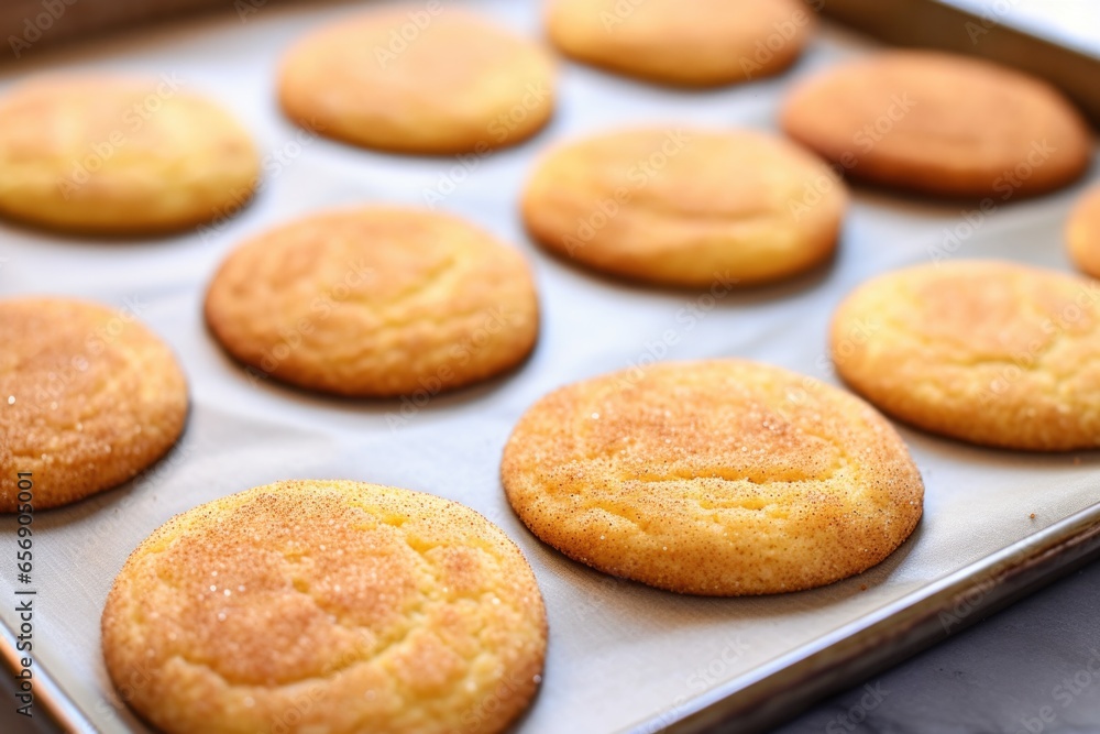 close-up of golden-brown snickerdoodles on a baking sheet