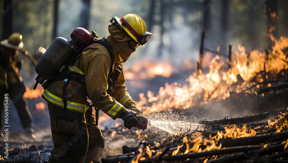 Firefighters extinguish a fire in a forest. Firefighters extinguish a fire in a forest.