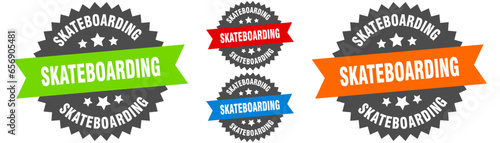 skateboarding sign. round ribbon label set. Seal