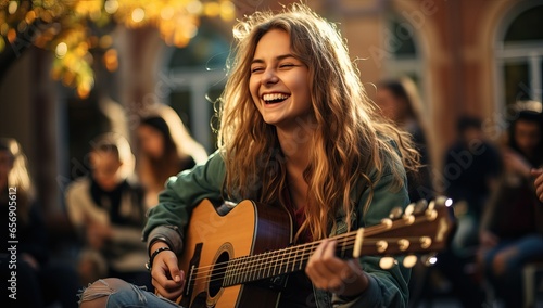 Beautiful young woman playing guitar in the street.