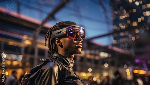 African american man wearing virtual reality goggles in the city at night