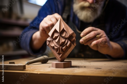 carving a wooden dreidel in a cabinetmakers workshop photo