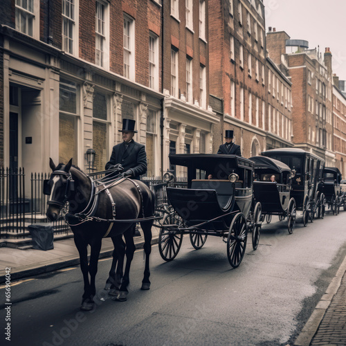 Horses and carriages on the street in a historical 