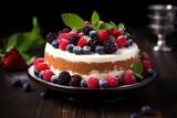 a cake topped with fresh berries and surrounded by mint leaves