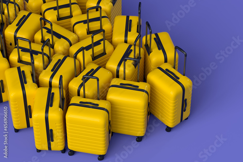 Colorful suitcase on violet background. 3D render of summer vacation concept photo