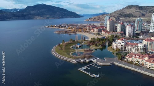 Downtown Kelowna Waterfront on a Beautiful Day. Waterfront Park Boardwalk Looking North Towards Vernon on Okanagan Lake. photo