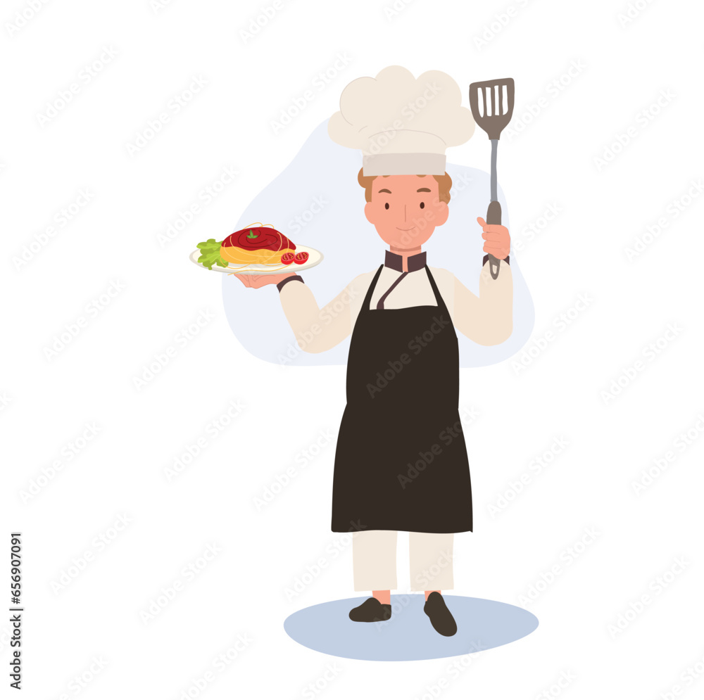Happy Child Chef Serving Pasta. Young Cook in Chef Hat Prepares Delicious Spaghetti Happy Child Chef Serving Pasta. Young Cook in Chef Hat Prepares Delicious Spaghetti