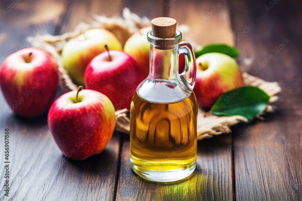 apple cider vinegar in a clear bottle with fresh apples apple cider vinegar in a clear bottle with fresh apples