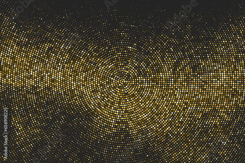 Gold Glitter Halftone Dotted Backdrop. Abstract Circular Retro Pattern. Pop Art Style Background. Golden Explosion Of Confetti. Digitally Generated Image. Vector Illustration, Eps 10.  