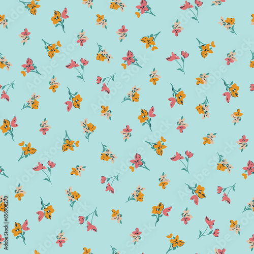 Cute, trendy ditsy, small flowers, spaced out doodle flowers, hand drawn floral, seamless pattern print for fashion, textile, tshirt, girls, kidswear, womens wear
