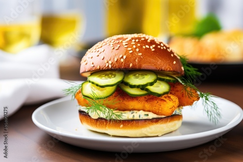 brioche bun fish sandwich with pickles on a white plate