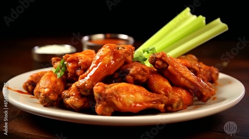 A plate of spicy, buffalo chicken wings with celery sticks.A plate of spicy, buffalo chicken wings with celery sticks.