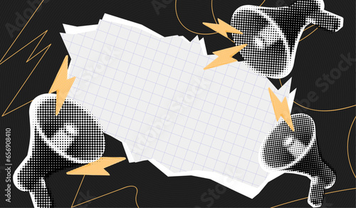 Trendy retro collage with megaphone and paper cut out space for announcing promotion. Vector loudspeaker with halftone elements. Vintage pop art composition banner