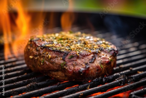 mouthwatering burger on grill with spices scattered around