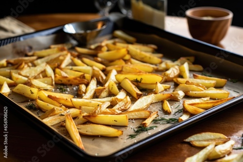 arranging fries on a baking sheet before cooking
