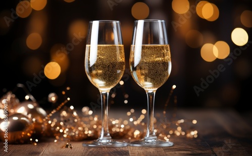 Glasses toasting Christmas with blurred background.