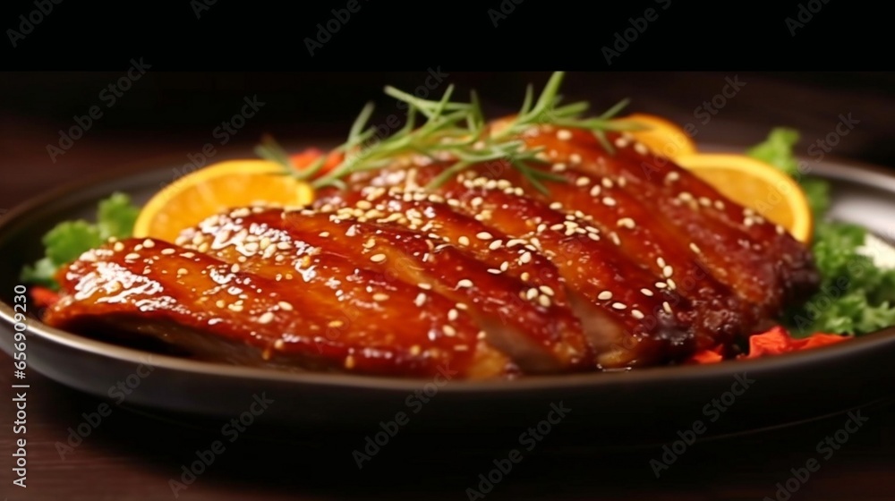 A plate of succulent roasted duck with a glossy orange glaze. A plate of succulent roasted duck with a glossy orange glaze.