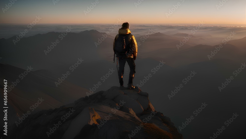 A mountaineer standing atop a breathtaking summit, watching the first light of dawn. Illustration.