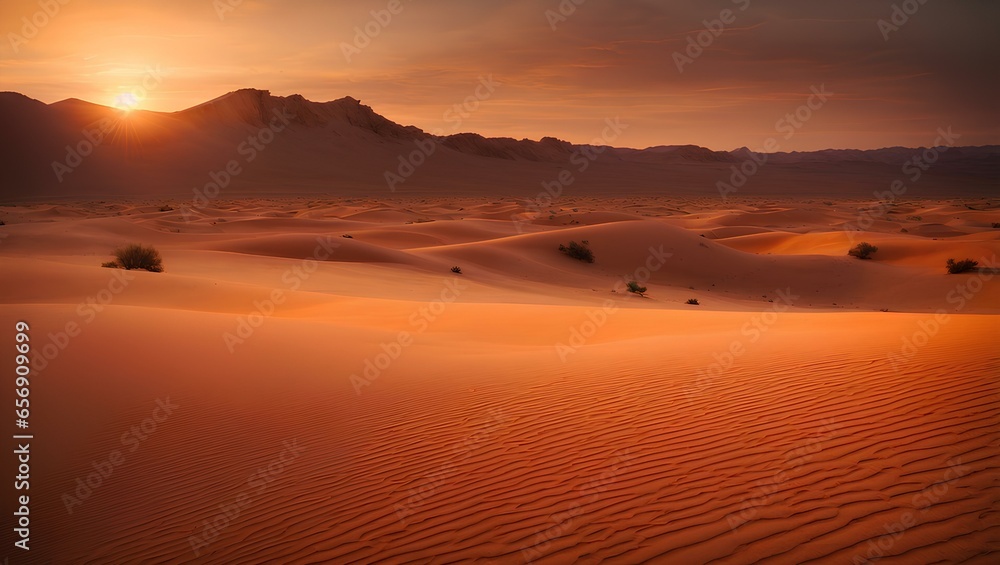 A desert landscape at dusk, with the sun setting in a fiery display over the arid sands. Illustration.