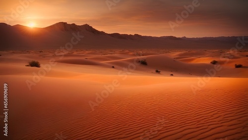 A desert landscape at dusk  with the sun setting in a fiery display over the arid sands. Illustration.