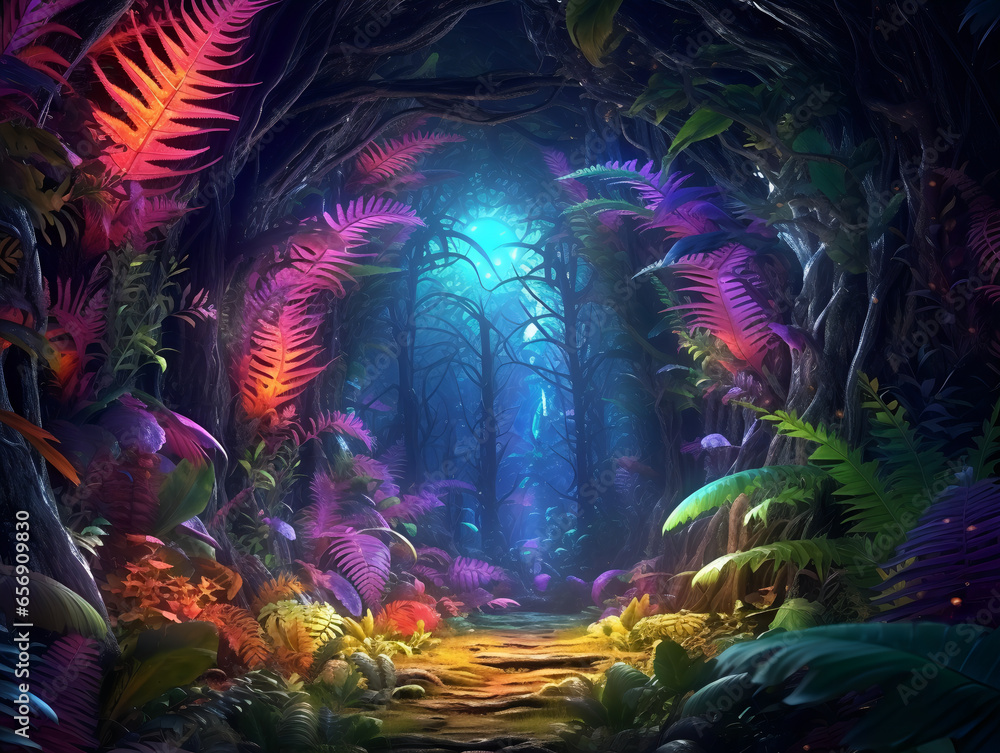 magical forest with colorful plants