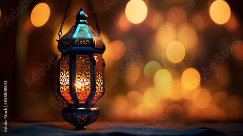 islamic new year decoration with praying beads and lantern ramadan kareem background ai generated