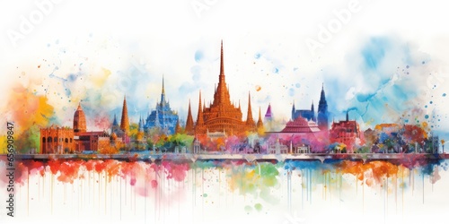  Rainbow Aquarelle Silhouette of Bangkok s Iconic Cityscape  Showcasing Wat Arun  Chatuchak Market  and the Vibrant Tapestry of Thai Culture