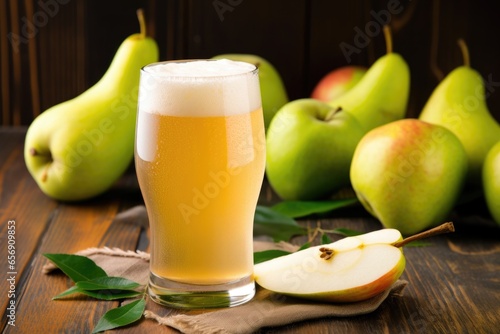 pear-infused beer in a glass with a pear slice photo