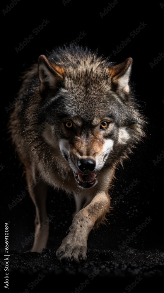 Close-up portrait of a wolf on a black background in studio