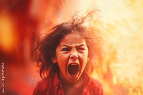 Child expressing frustration against a fiery, explosive red background - Temper tantrum - AI Generated