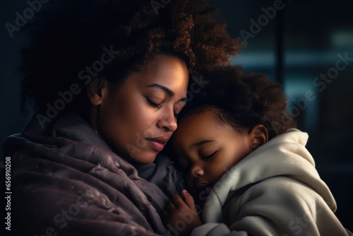 Single mother comforting her child after a tough day - The Strength in Daily Moments - AI Generated