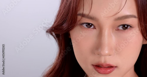 Beautiful young asian woman with clean fresh skin on white background, Face care, Facial treatment, Cosmetology, beauty and spa, Asian women portrait.