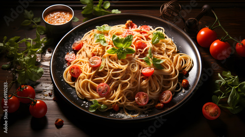 Spaghetti with tomato sauce, basil and parmesan on wooden background