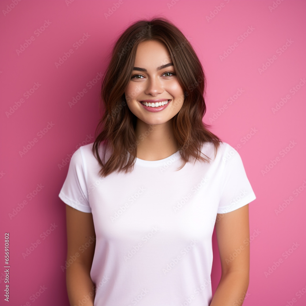 Portrait of smiling woman pink background with white t-shirt. Portrait of smiling woman pink background with white t-shirt.