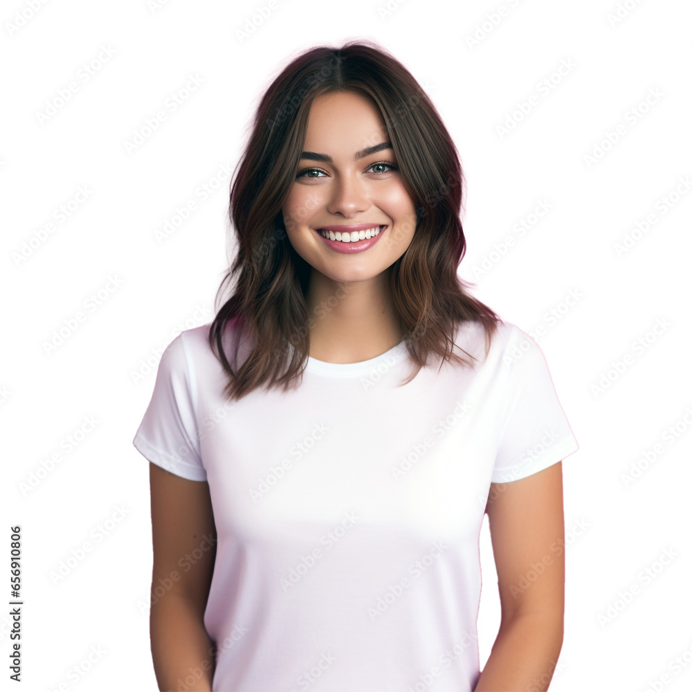 Portrait of smiling woman isolated background with white t-shirt. Portrait of smiling woman isolated background with white t-shirt.