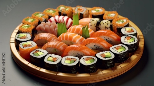 A platter of assorted sushi and sashimi with soy sauce and wasabi.