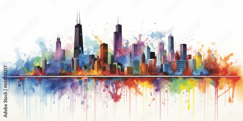 Rainbow Aquarelle Silhouette of Chicagos Iconic Cityscape, Showcasing Willis Tower, Millennium Park, and the Rich Cultural Tapestry of the Midwest