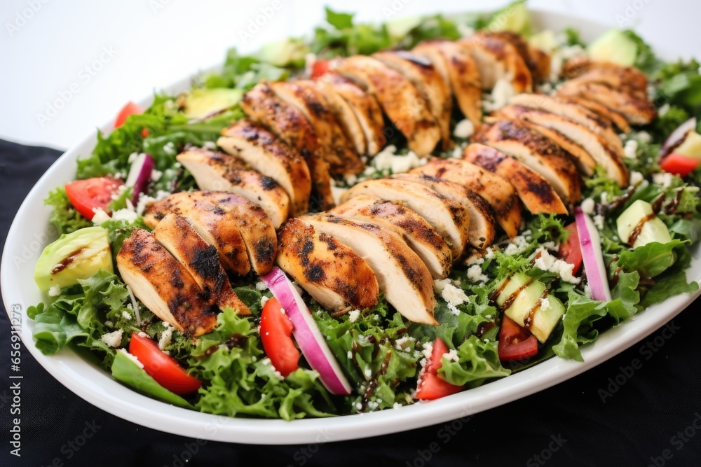 mixed salad greens topped with grilled chicken tenderloins