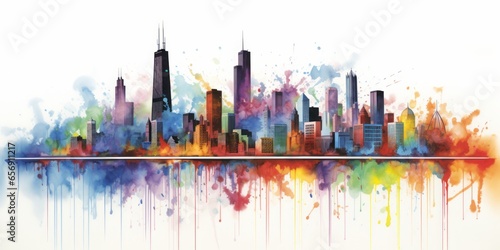 Rainbow Aquarelle Silhouette of Chicagos Iconic Cityscape, Showcasing Willis Tower, Millennium Park, and the Rich Cultural Tapestry of the Midwest