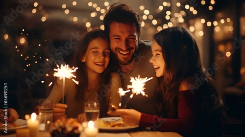 Happy family father mother and daughter having dinner together to celebrate christmas holiday together with sparkler ai generated