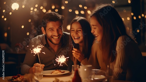 Happy family father mother and daughter having dinner together to celebrate christmas holiday together with sparkler ai generated