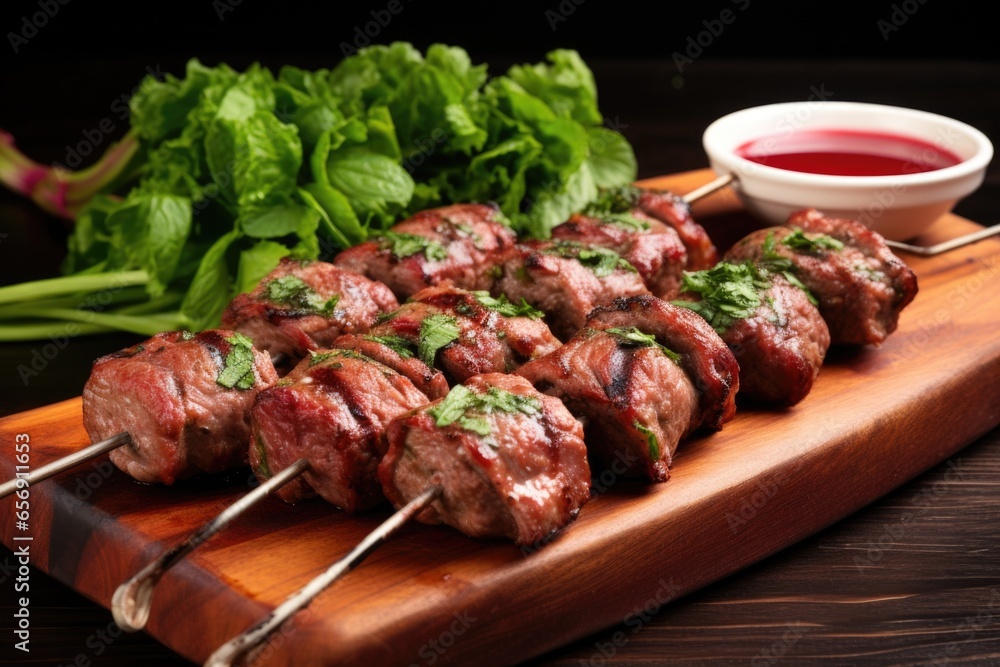 lamb kebabs on wooden plate, garnished with parsley