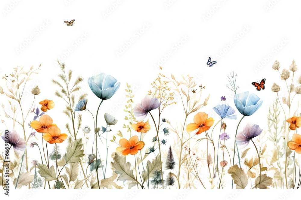 Modèle minimaliste fleurs multicolores sans couture avec feuilles, plantes et insectes. Vecteur, idéal pour les cartes postales, les affiches, la décoration. IA générative, générative, IA - obrazy, fototapety, plakaty 