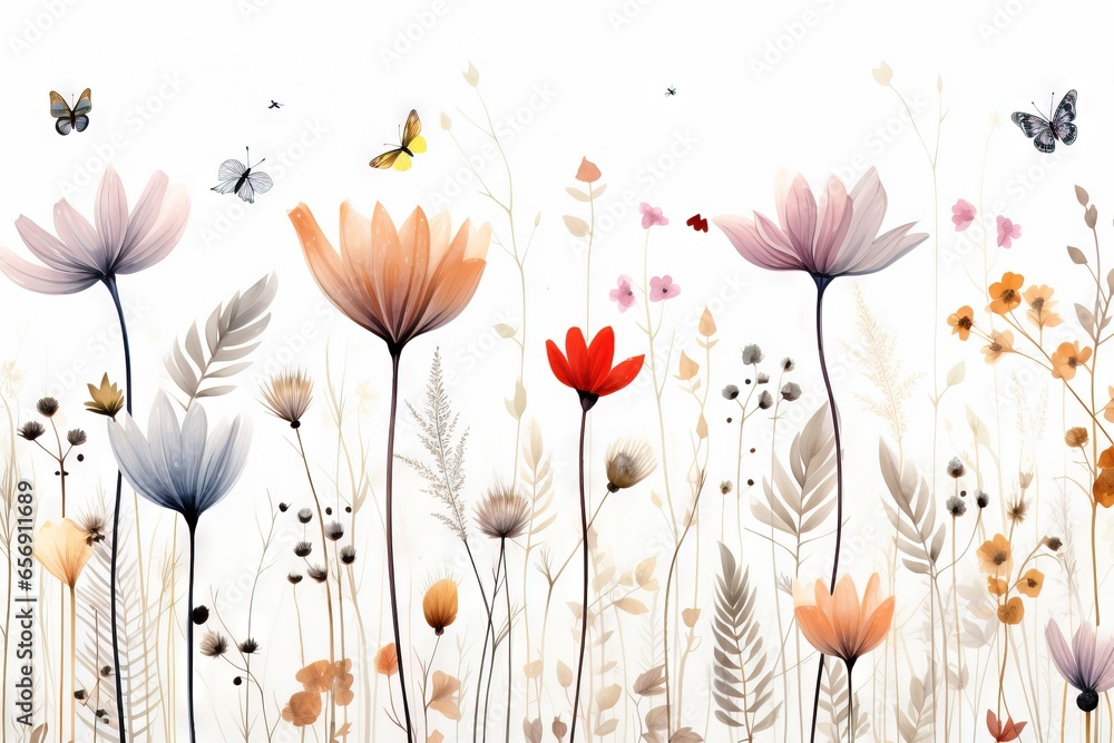 Modèle minimaliste fleurs multicolores sans couture avec feuilles, plantes et insectes. Vecteur, idéal pour les cartes postales, les affiches, la décoration. IA générative, générative, IA